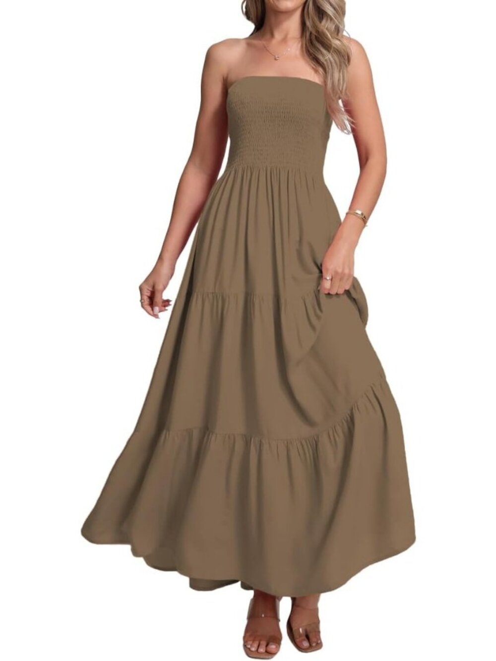 Women's Khaki Stylish Casual Off Shoulder Strapless Tube Top Beach Maxi Dress